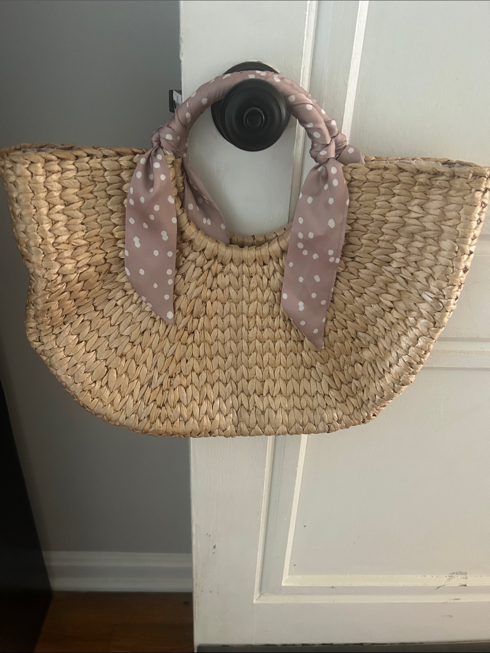 Lauren Conrad Woven Straw Crescent Tote with Polka Dot Scarf Handle